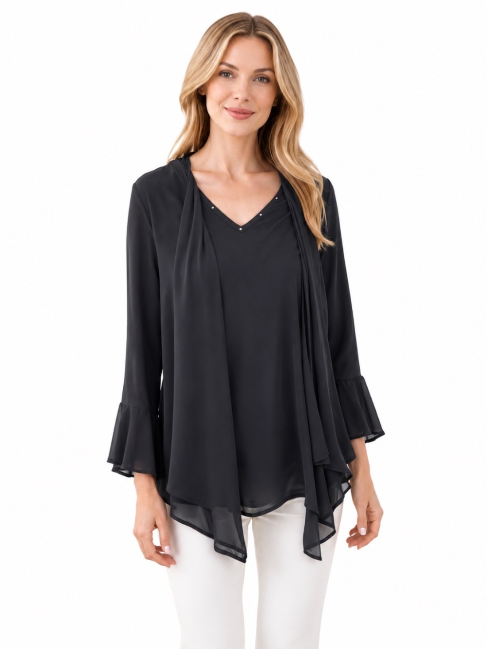 NY COLLECTION Black Bell Sleeve Sheer Open Overlay Blouse M NWOT